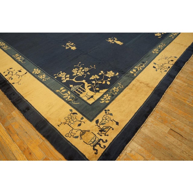 1900s Deep Navy Blue Open Field Chinoiserie Antique Chinese Peking Rug For Sale - Image 11 of 14