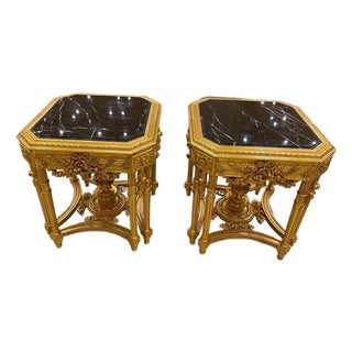 Vintage Handmade Louis XV Giltwood Marble Top Side Table - Set of 2 For Sale