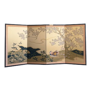 Hand-Painted Japanese Four Panel Byōbu Folding Screen With Mandarin Ducks, Signed and Sealed, Mid-20th Century
