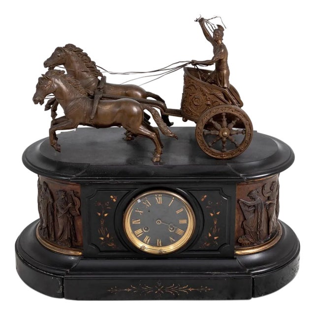 French Patinated Bronze and SChariot Clock For Sale