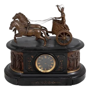 French Patinated Bronze and Slate Chariot Clock