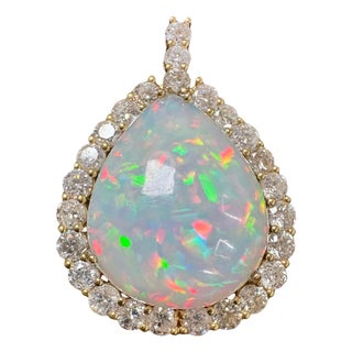40 Carat Pear Ethiopian Opal & 8 Carat Diamond Pendant/Necklace 14K Yellow Gold For Sale