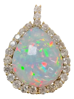 40 Carat Pear Ethiopian Opal & 8 Carat Diamond Pendant/Necklace 14K Yellow Gold