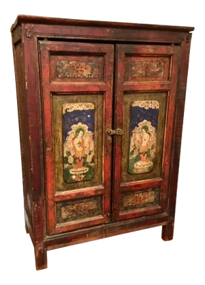 Antique Asian Petite Two Door Painted Tibetan Door Cabinet