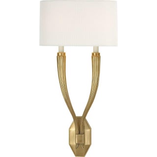 Chapman & Myers for Visual Comfort Signature Ruhlmann Double Sconce in Antique-Burnished Brass with Linen Shade For Sale