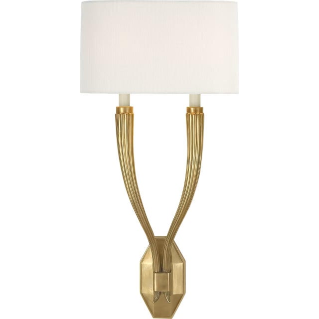 Chapman & Myers for Visual Comfort Signature Ruhlmann Double Sconce in Antique-Burnished Brass with Linen Shade For Sale
