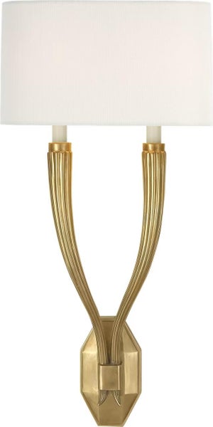 Chapman & Myers for Visual Comfort Signature Ruhlmann Double Sconce in Antique-Burnished Brass with Linen Shade