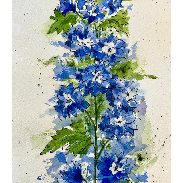Original “Blue Delphinium” Watercolor Painting For Sale - Image 6 of 12