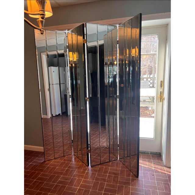 1980s Vintage Four Panel Beveled Mirrored Screen For Sale - Image 5 of 16