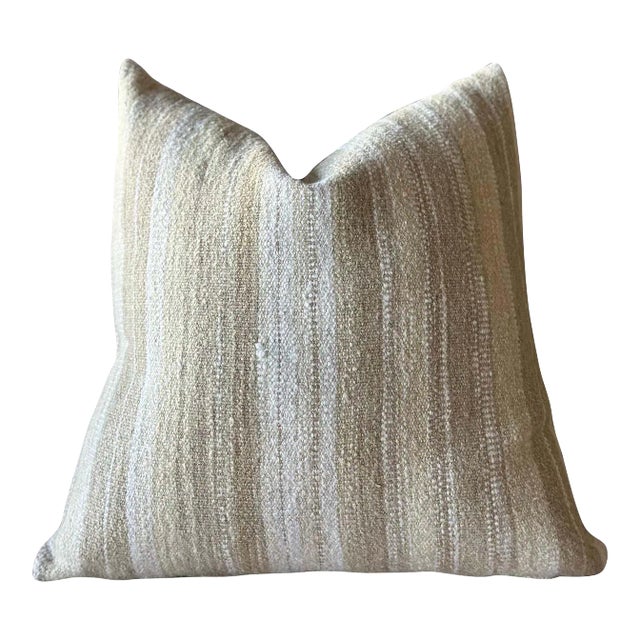 Woven Belgian Linen and Wool Stripe Lumbar Pillow With Down Insert For Sale
