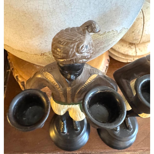 Vintage Moorish Figural Double Candleholders, Pair – Hand Painted Cast Metal Candlesticks, Hollywood Regency Style For Sale In Raleigh - Image 6 of 10