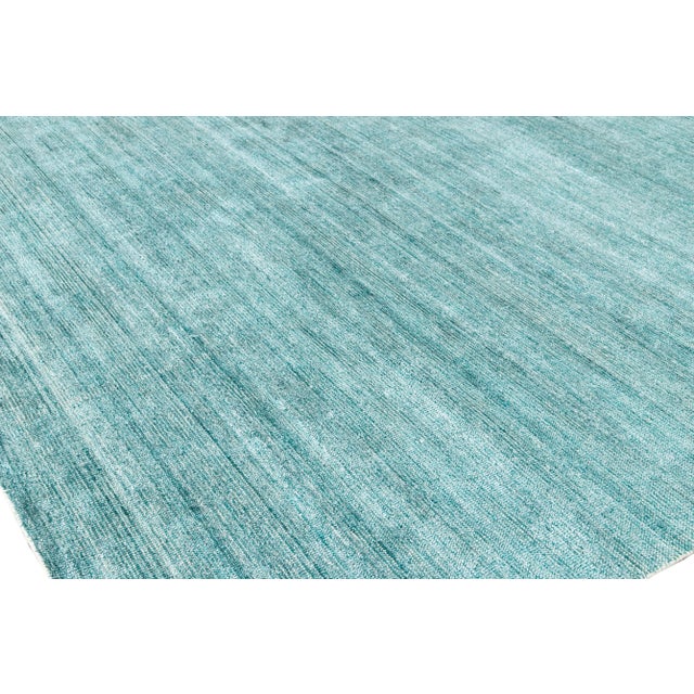 Indian Apadana Teal Modern Bamboo/Silk Boho Handmade Rug For Sale - Image 3 of 7