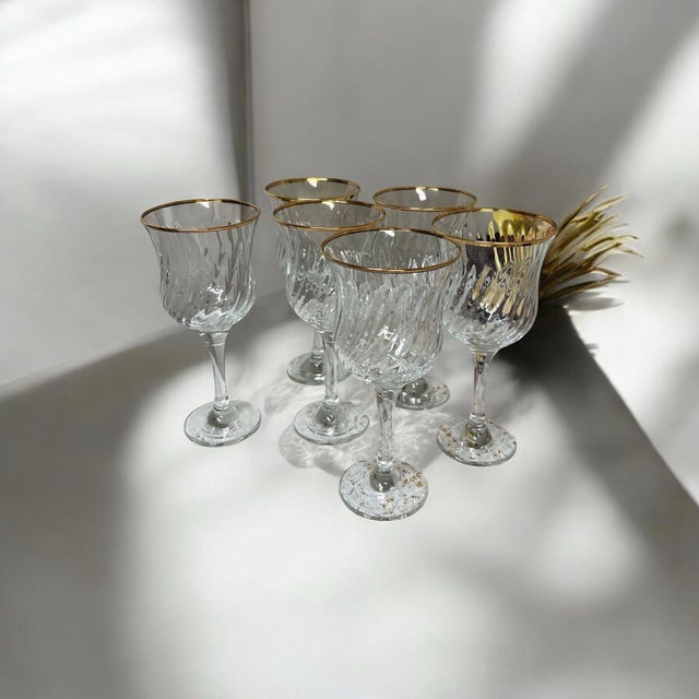 Transparent 1950s Unique Swirl Design 24 K Gold Rim Glasses - Set of 6 For Sale - Image 8 of 10