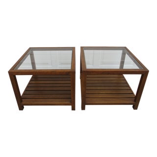 Ethan Allen Square Slatted Glass Top Bunching Tables For Sale