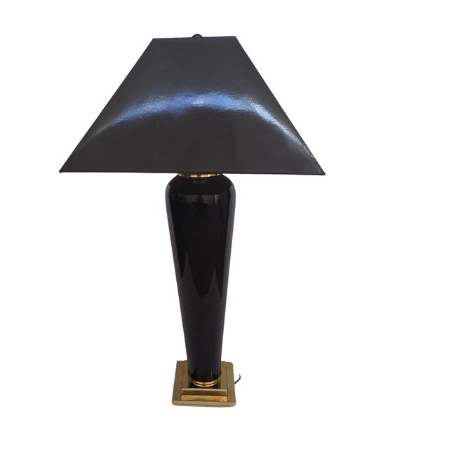 1990s 1991 Frederick Cooper "Modern Noir" Table Lamp - Fractured Enamel & Polished Brass For Sale - Image 5 of 17