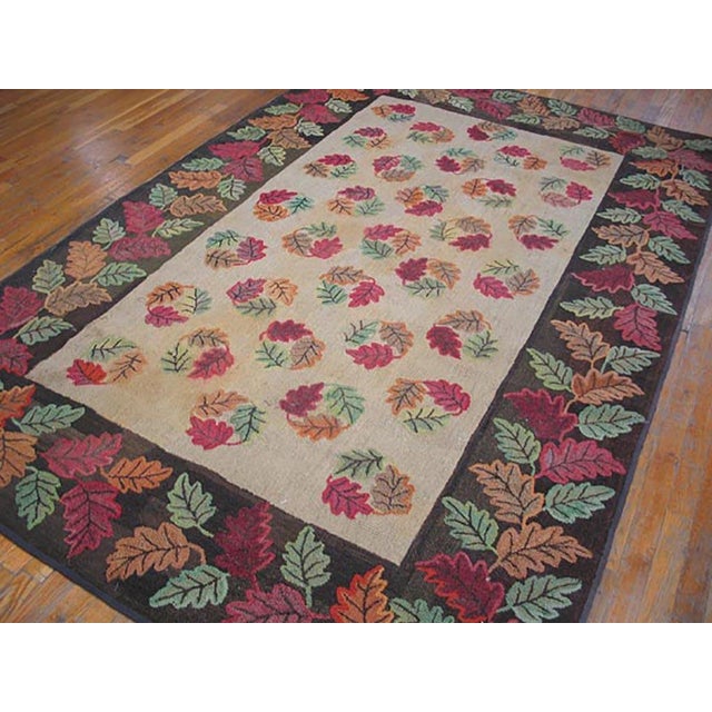 American 1900s Ivory Brown Foliate Antique American Hooked Rug 6' 0'' X 8' 10'' Handknotted Wool Carpet For Sale - Image 3 of 6