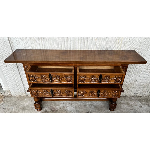 Wood Spanish Console Chest Table With Four Carved Drawers and Original Hardware For Sale - Image 7 of 12