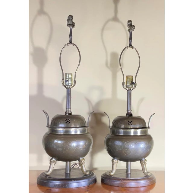 Pair of Antique Chinese Incence Burner Table Lamp For Sale - Image 9 of 13