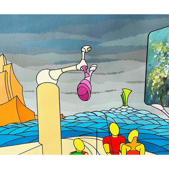 Mid-Century Modern Vintage Italian Futuristic Surrealist Painting "Il Giardino-Degli Eletti" by Diego Cecchin (1987) For Sale - Image 3 of 11