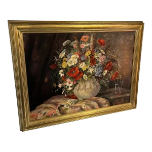 Impressionist Vintage Floral Still Life Oil on Canvas Painting