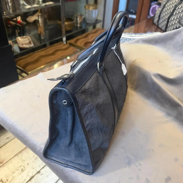 Contemporary 80s Vintage Christian Dior Trotter Gray Nubuck and Black Leather Boston Hand-Bag For Sale - Image 3 of 18