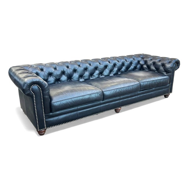 English 1990s Grand Leather Chesterfield Sofa With Rolled Arms and Brass Nail Head Trim For Sale - Image 3 of 11