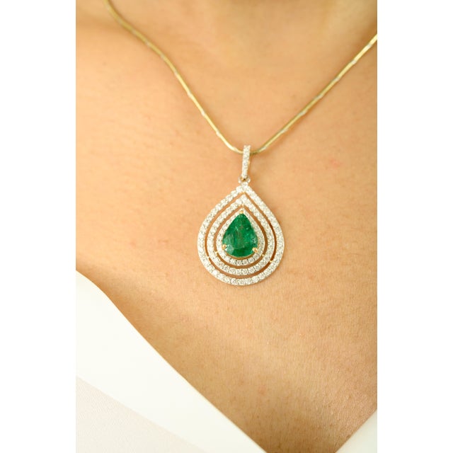 Not Yet Made - Made To Order Triple Halo Pear Cut Emerald Pendant in 18k Solid Gold For Sale - Image 5 of 10