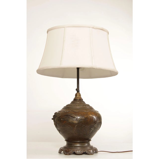 Chinese Antique Chinese Bronze Dragon Table Lamp with Shade For Sale - Image 3 of 13