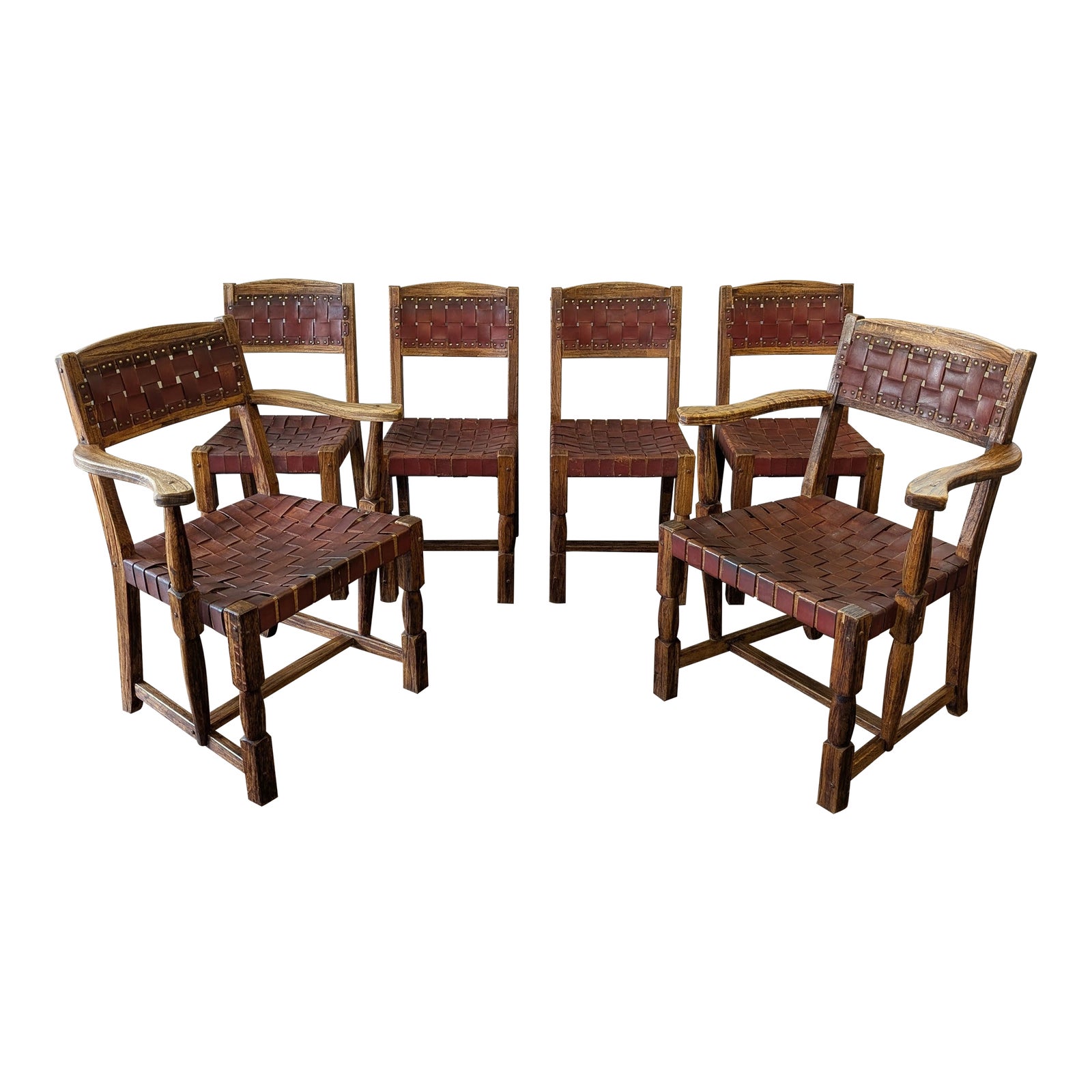 Set of Six (6) Attributed to A. Brandt Ranch Oak Leather Strap Dining ...