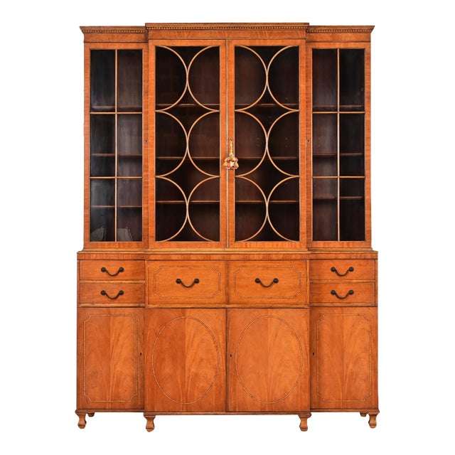 Baker Furniture Georgian Inlaid Mahogany Breakfront Bookcase Cabinet With Drop Front Secretary Desk, Circa 1960s For Sale