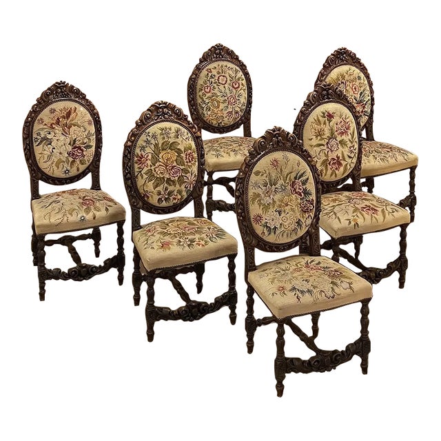 Set of Six 19th Century French Louis XVI Carved Dining Chairs With Original Needlepoint For Sale