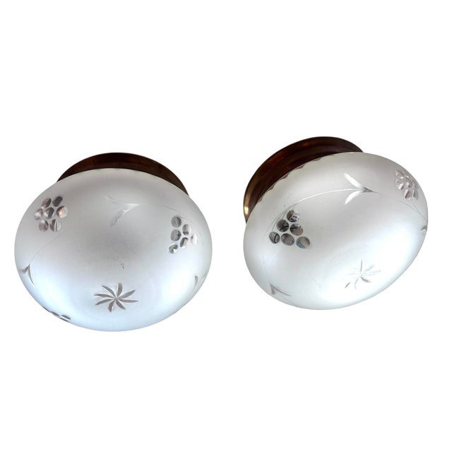1920s American flush mounts with original old brass holders featuring leaves, berries, and star wheel-cut patterns, with frosted glass — a pair For Sale In Los Angeles - Image 6 of 7