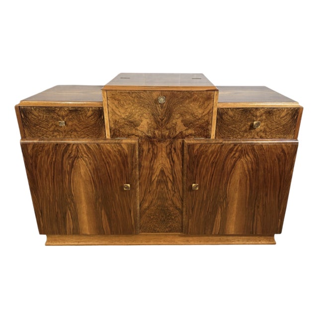 Art Deco English Burr Walnut Cocktail Bar Cabinet, 1930s For Sale