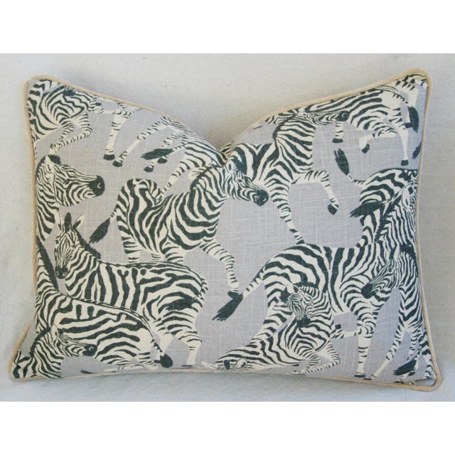 Safari Zebra Linen and Velvet Feather/Down Pillows 24" X 18" - Pair For Sale - Image 4 of 9
