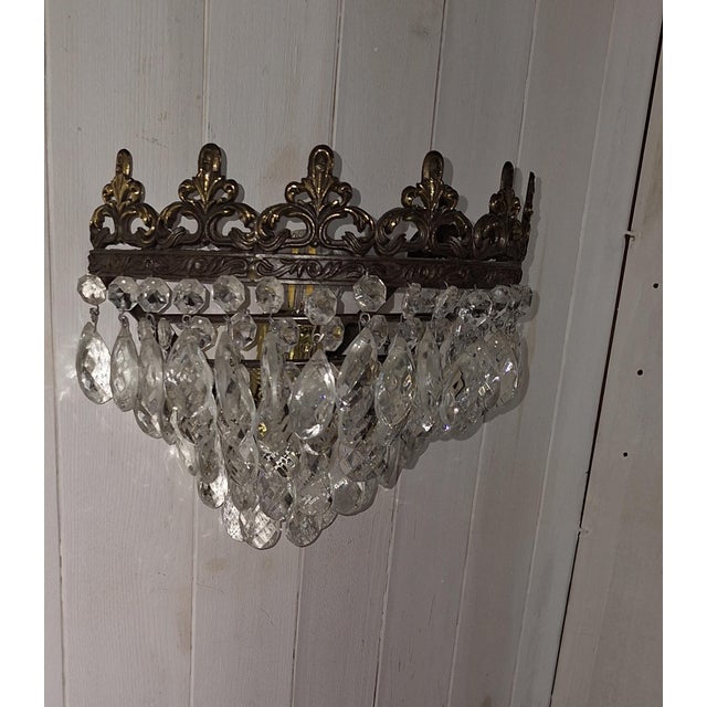 Metal Vintage Wall Lamp with Brass Frame and Glass Pendants, 1970s For Sale - Image 7 of 8