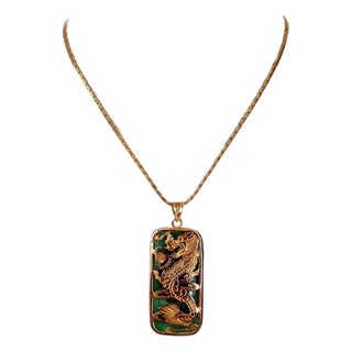 14k Gold Fill Necklace With Gold Plated Jade Dragon Pendant Reversible For Sale