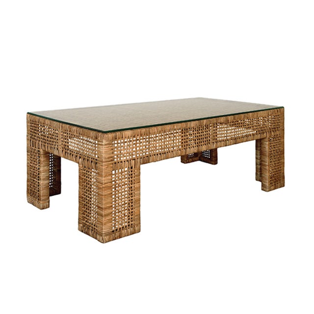 New special order item. Not vintage. WIDE LEG RECTANGULAR RATTAN COFFEE TABLE WITH GLASS TOP 48"W x 17.25"H x 26"D *Rattan...