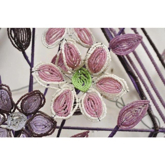 Early 20th Century French Victorian Glass Beaded Purple Flower Casket Wreath Wall Sculpture (A) For Sale - Image 11 of 12