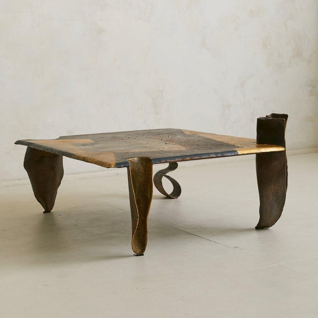 Brutalist French Brutalist Iron + Gold Leaf Coffee Table Attributed to Jean-Jacques Argueyrolles For Sale - Image 3 of 11