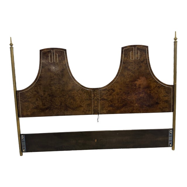 Hollywood Regency Burlwood and Brass Headboard Attributed to Mastercraft, C. 1970s For Sale