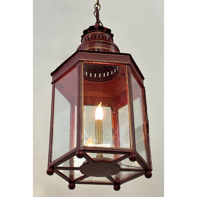 Large Red Tole Painted Lantern Light Fixture, American 19th Century Circa 1840 For Sale - Image 4 of 5