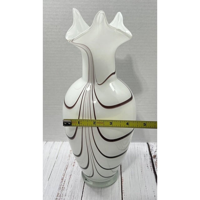 White Vintage Murano Style White & Amethyst Pulled Swirl Hand Blown Art Glass Vase For Sale - Image 8 of 9