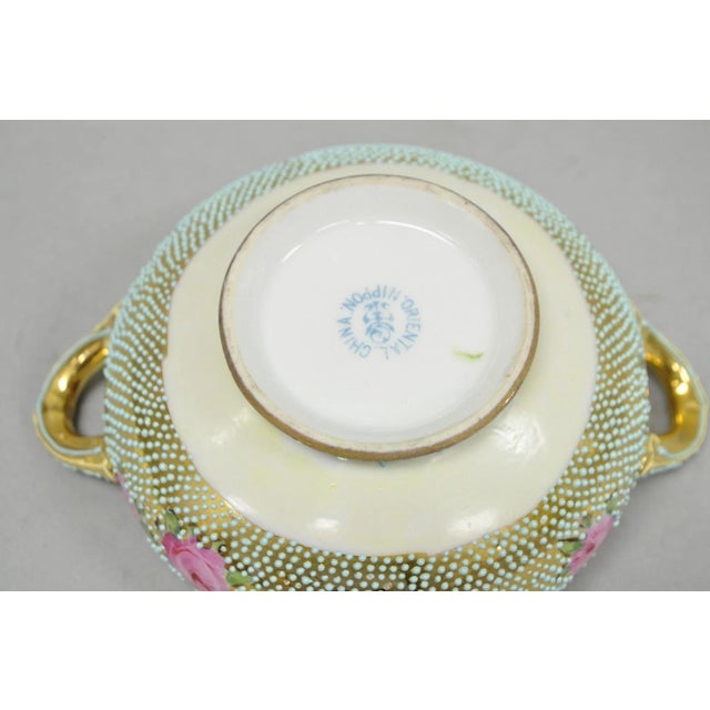Antique Nippon Hand Painted Gold Gilt Porcelain Green Moriage Covered Sugar Bowl For Sale - Image 13 of 16