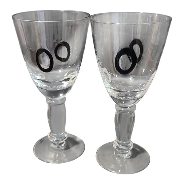 Mid Century Modern Fused Art Glass Black & White Dots Water Goblets- a Pair For Sale
