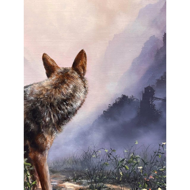Early 21st Century Red Wolf by Brian Mashburn | Oil on panel of a wolf in a misty mountainous landscape For Sale - Image 5 of 5