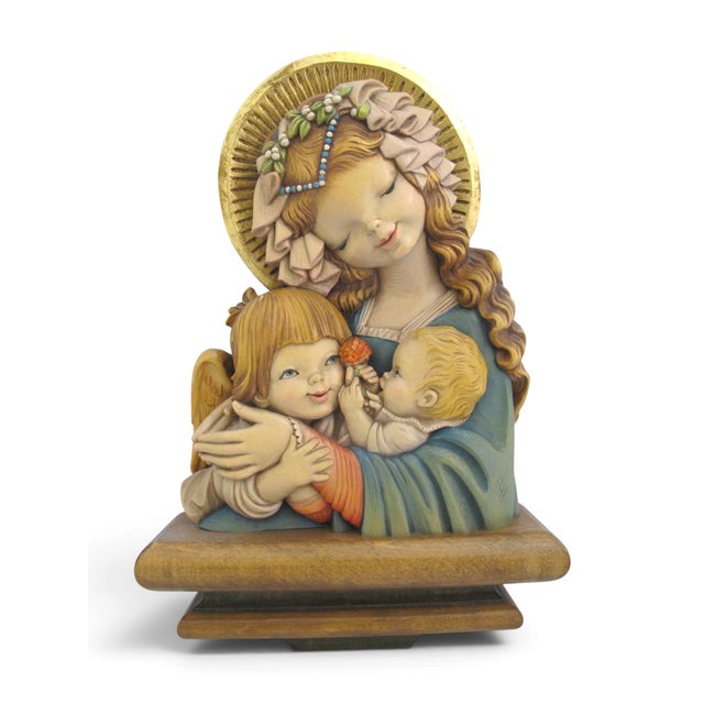 Wood Anri Italy Wood Madonna With Diadem Mary Child Angel Juan Ferrandiz Wall Plaque For Sale - Image 7 of 11
