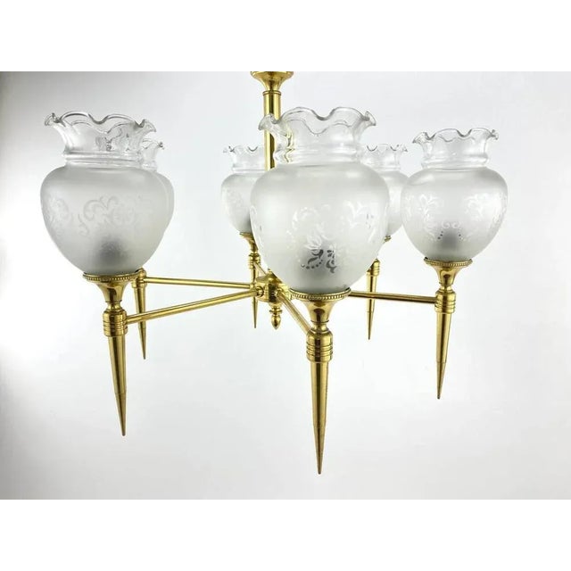Metal Vintage Brass and Frosted Glass Chandelier, France, 1970s For Sale - Image 7 of 8