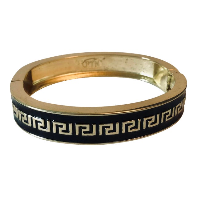Vintage Black Enamel Gold Greek Key Hinged Bangle For Sale