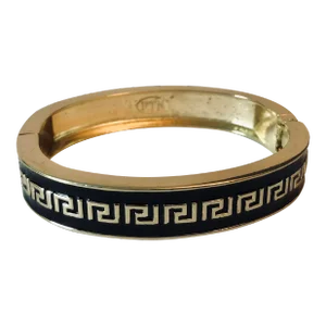 Vintage Black Enamel Gold Greek Key Hinged Bangle