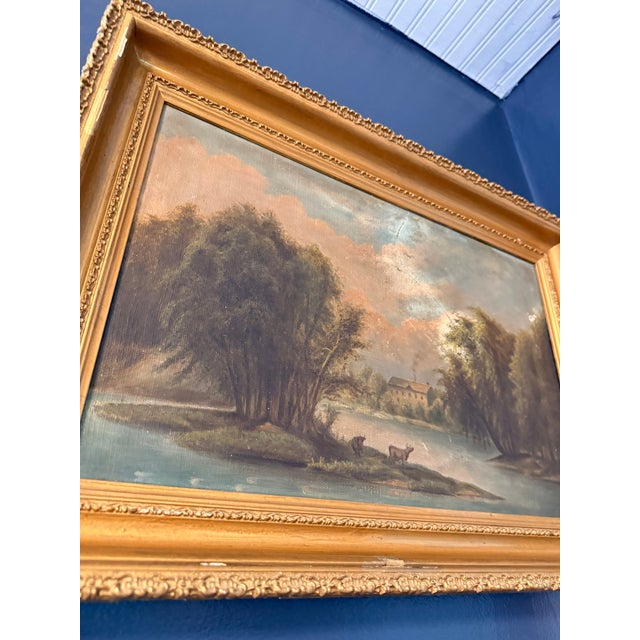 American Antique Pastoral Landscape Oil Painting in Ornate Gold Frame, Original 19th Century River Scene With Cows, Vintage Fine Art Wall Decor For Sale - Image 3 of 11